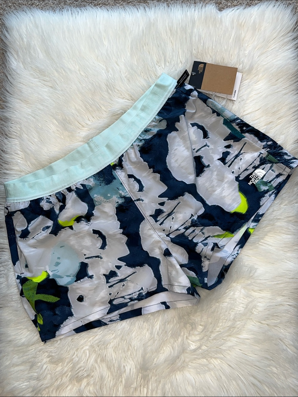 The North Face Women’s Athletic Shorts in Mint, Navy & Neon Yellow Print